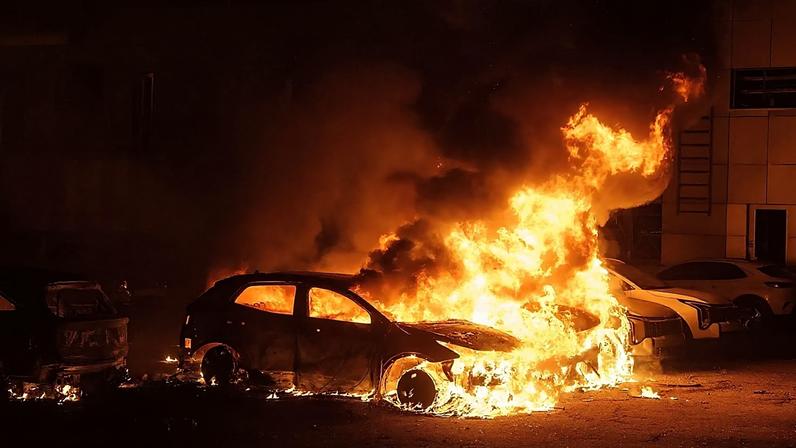 Um carro arde depois de um ataque do exército russo em Kiev, 16 de abril de 2025.