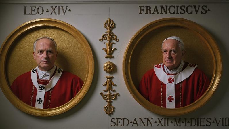 Retratos em mosaico do falecido Papa Francisco, à direita, e do atual Papa Leão XIV no friso da nave superior da Basílica de São Paulo Fora dos Muros, em Roma