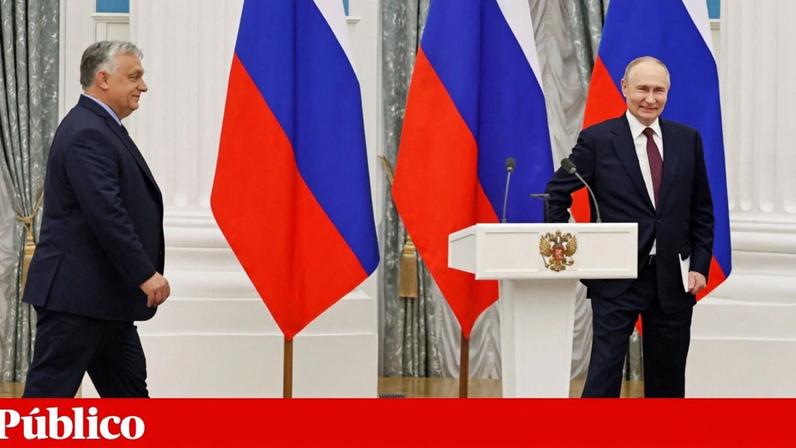 Vladimir Putin, Presidente da Rússia, e Viktor Orbán, primeiro-ministro da Hungria, numa visita deste a Moscovo, em 2024