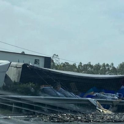 Camião com garrafas vazias tomba na A1; condutor ferido