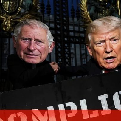 Manifestantes usam máscaras de Carlos III e Trump para criticar visita a Washington
