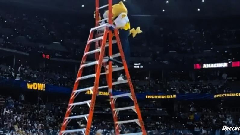 Mascote dos Nuggets faz lançamento de costas no topo de escada de 10 metros
