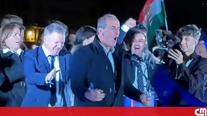 Político húngaro celebra vitória de Magyar com dança efusiva