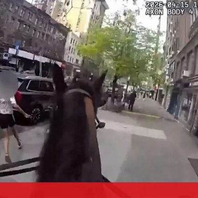Polícia à cavalo persegue mulher suspeita de roubo em Nova Iorque