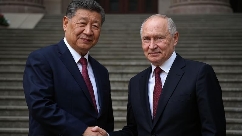 Os presidentes da Rússia, Vladimir Putin, e da China, Xi Jinping, apertam as mãos durante uma cerimónia de boas-vindas no Salão do Povo, em Pequim, a 20 de maio de 2026