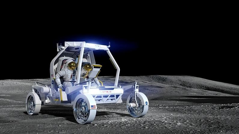 Esta ilustração mostra o rover CLV-1 da Astrolab na superfície lunar.