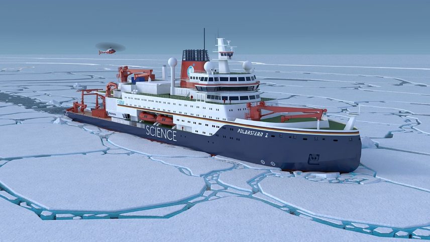 Vista 3D da nova construção planeada do navio quebra-gelo de investigação e abastecimento Polarstern do Instituto Alfred Wegener.