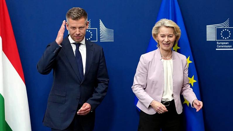 A presidente da Comissão Europeia, Ursula von der Leyen, à direita, cumprimenta o primeiro-ministro húngaro, Peter Magyar, antes de uma reunião na sede da UE em Bruxelas, sexta-feira, 29 de maio de 2026