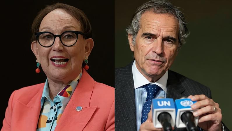 Da esquerda para a direita: Rebeca Grynspan, Michelle Bachelet e Rafael Grossi, candidatos a Secretário-Geral da ONU 2026.
