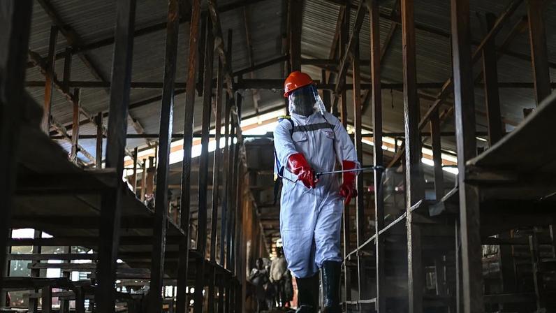 Trabalhador de saneamento do município de Bunia desinfeta o mercado central, enquanto a província de Ituri combate um surto de Ébola, no Congo, em 23 de maio de 2026
