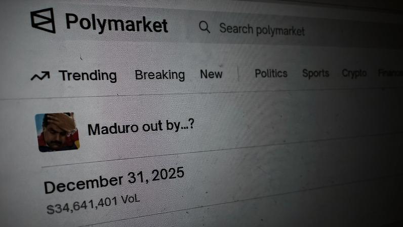 Site Polymarket exibido num ecrã a 11 de janeiro de 2026, em Nova Iorque