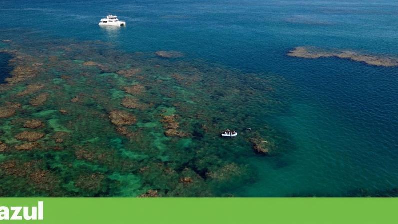 Vista aérea do Parque Nacional Marinho de Abrolhos registada por drone