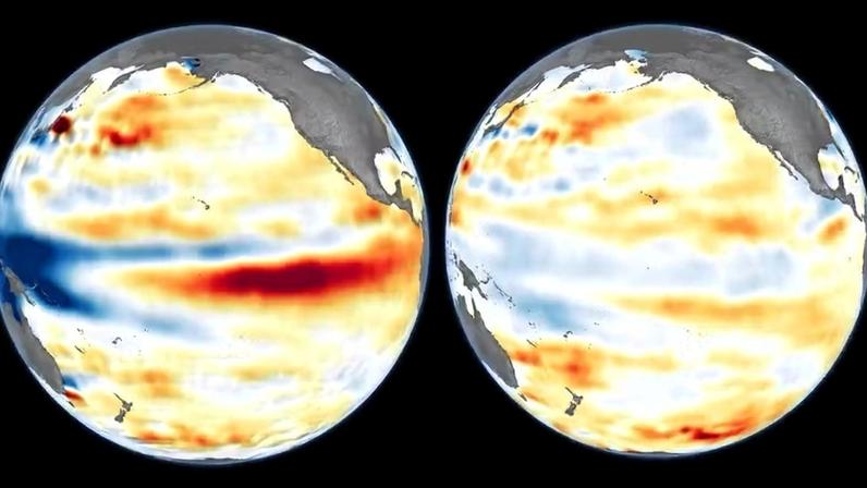 Imagem da Nasa compara dois momentos. À esquerda, o oceano Pacífico com uma zona de aquecimento a leste, típica do *El Niño*. À direita, o oceano em estado considerado neutro.