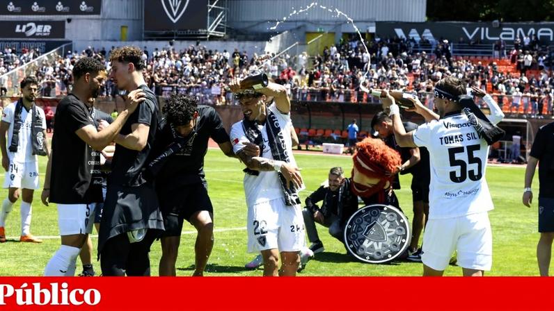 Jogadores do Académico celebram a subida à I liga no final do jogo da última jornada, no Fontelo
