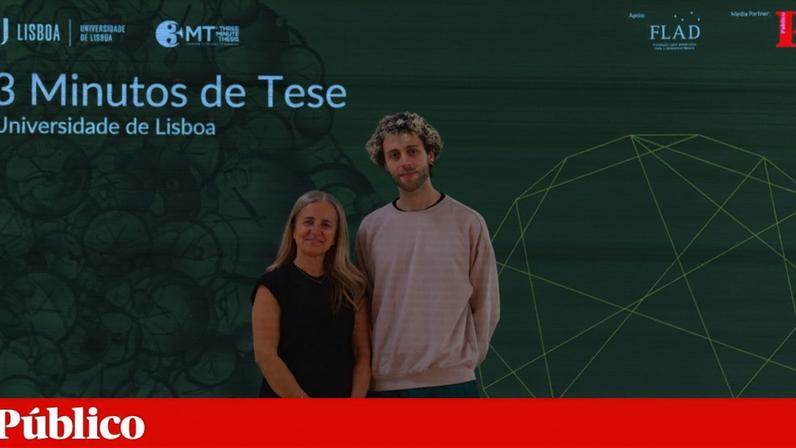 Cecília Rodrigues, vice-reitora para a investigação da Universidade de Lisboa, ao lado de João Sequeira, o vencedor do concurso *3 Minutos de Tese* de 2026