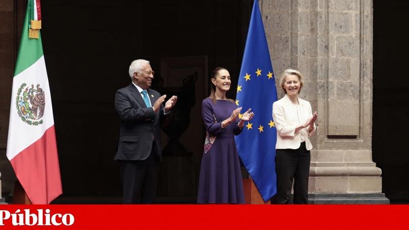 O presidente do Conselho Europeu, António Costa, a chefe de Estado mexicana Claudia Sheinbaum e a presidente da Comissão Europeia Ursula no Palácio Nacional da Cidade do México, esta sexta-feira