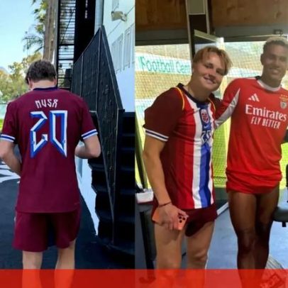 Antonio Nusa posa com a camisola do Benfica, depois de Saviolo