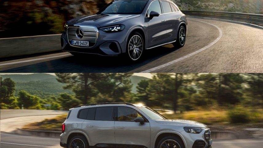 Em cima, o GLC, desenvolvido sobre uma nova plataforma, que já incorpora tecnologia de 800V; em baixo, o GLB eléctrico, que é proposto nas variantes 250 e GLB 350 4Matic