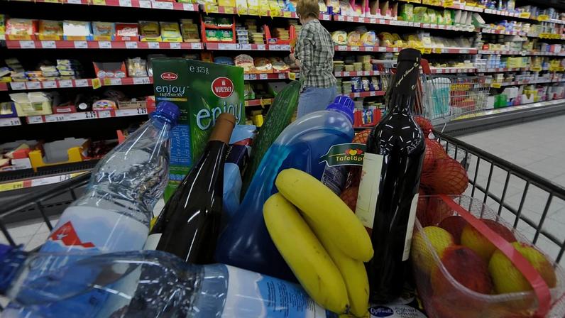 Carrinho de compras cheio de produtos num supermercado em Dresden, a 10 de junho de 2009.