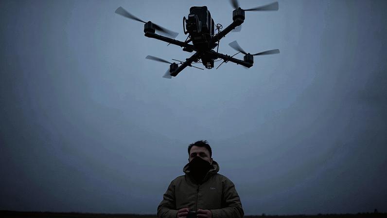 Militar controla um drone FPV da empresa "General Cherry" num campo de treinos na Ucrânia, em 4 de dezembro de 2025