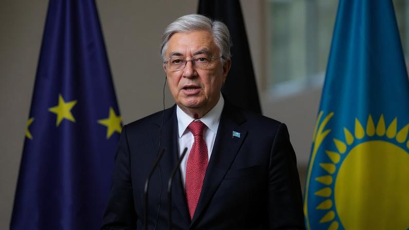 Presidente cazaque Kassym-Jomart Tokayev em Berlim, Alemanha, quinta-feira, 28 de setembro de 2023. (Foto AP/Markus Schreiber)