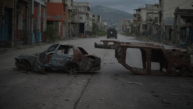 Carros incendiados bloqueiam rua fotografada do interior de veículo blindado da polícia que patrulha zona controlada por gangues em Port-au-Prince, 16 de janeiro de 2026