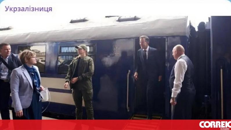 Print screen de parte da publicação original dos caminhos de ferro ucranianos no Telegram, confirmando a chegada do secretário-geral da NATO, Mark Rutte, a Kiev, na Ucrânia