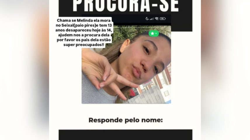 Menina de 13 anos desaparecida no Seixal