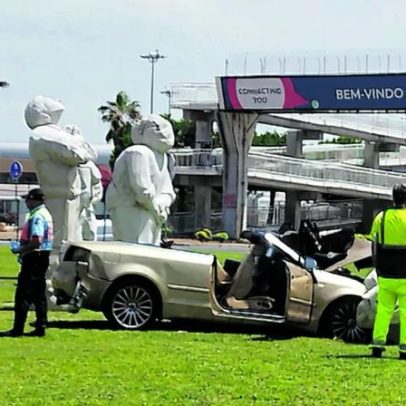 Condutor derruba estátua de pedra ao atravessar rotunda em Faro