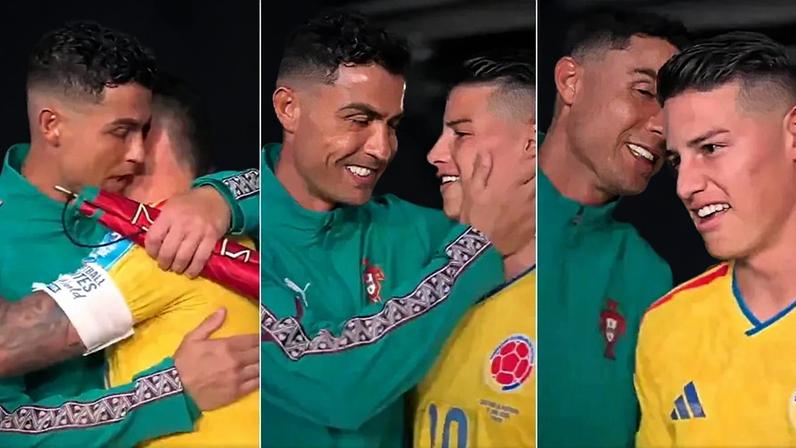 Momento entre Ronaldo e James Rodríguez no túnel antes de Portugal-Colômbia