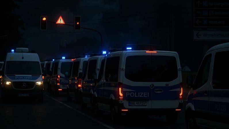 Viaturas policiais estacionadas junto ao Centro de Exposições de Erfurt, Alemanha, sexta-feira, 3 de julho de 2026, antes da convenção nacional da AfD